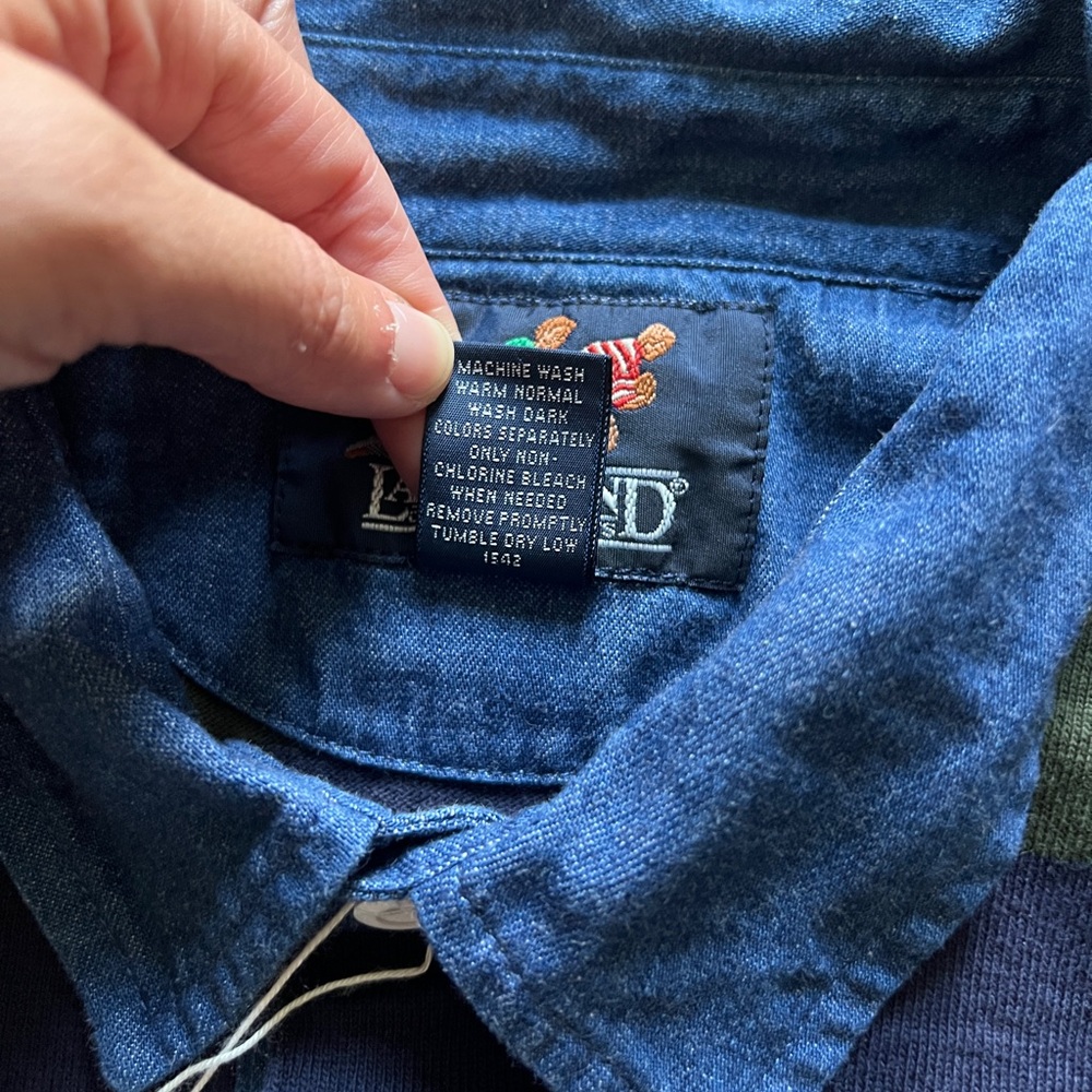 Vintage ‘92 Lands End Rugby Long Sleeve Polo Denim Collar Green Blue Stripe XL - Picture 7 of 16